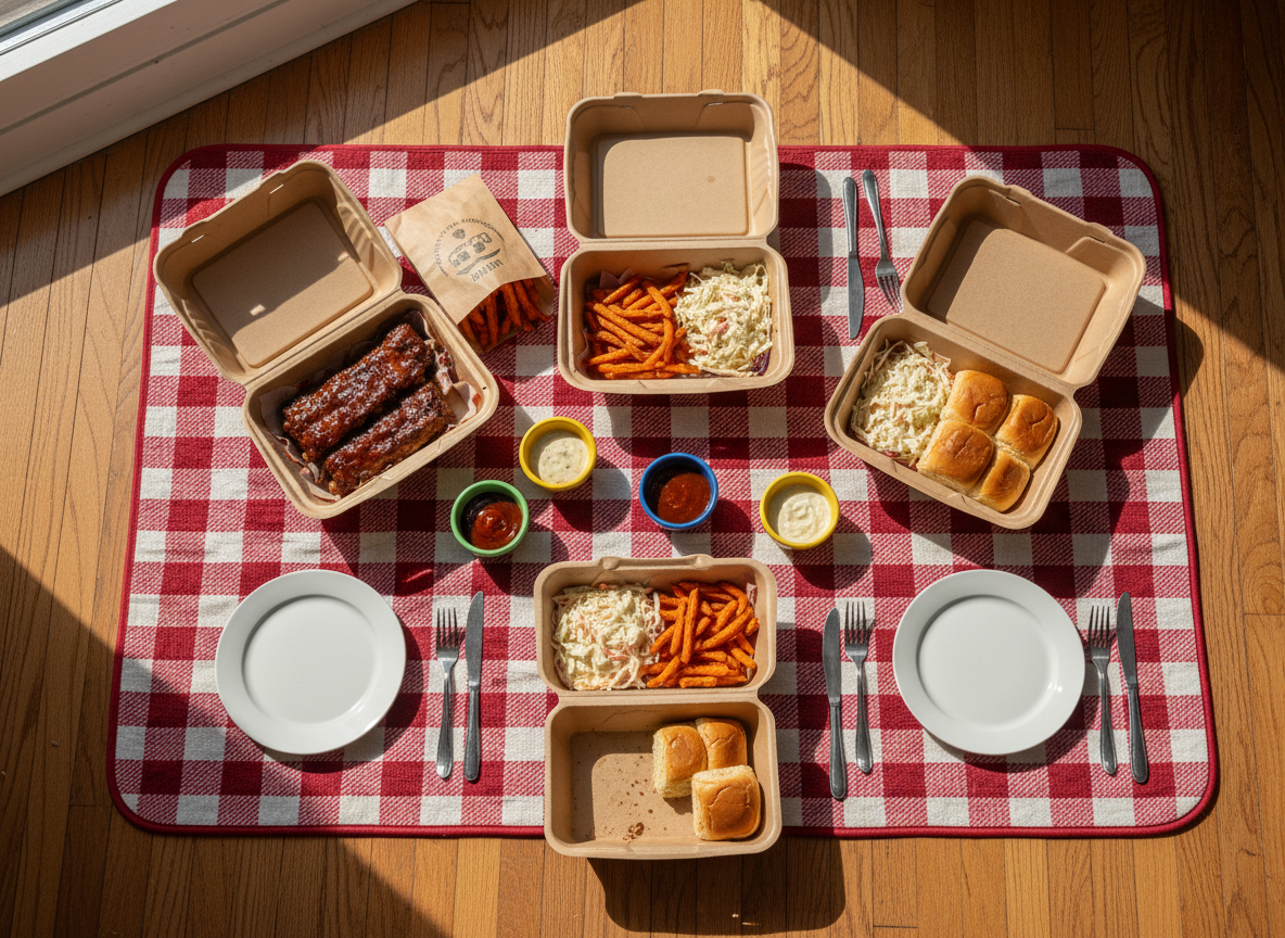 An overhead, bird’s-eye view of a playful Sunday dinner picnic setup on a cozy checkered blanket spread across a hardwood floor, designed for indoor comfort. A variety of delivery containers are opened and neatly arranged: individual trays of glazed ribs, creamy coleslaw, fluffy rolls, and bright orange sweet potato fries. Colorful ceramic bowls hold dipping sauces, while simple white plates and metal cutlery are already laid out, waiting. Warm, golden hour light streams in from a nearby window, casting long, soft shadows and gentle highlights on shiny sauces and textured fabrics. Captured in photographic realism, the composition is balanced and tidy yet casual, creating a fun, relaxed atmosphere that emphasizes the ease of turning delivered food into a playful Sunday ‘picnic’ dinner at home.