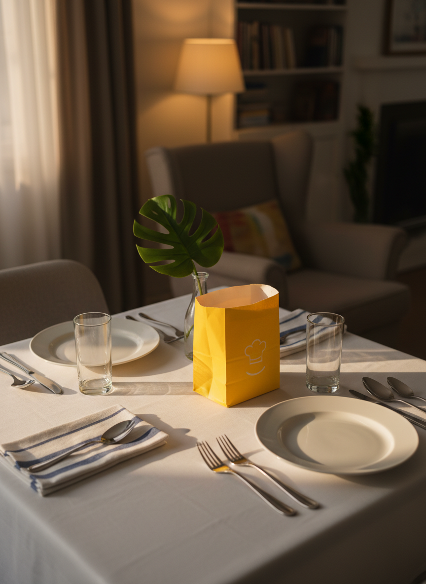 A neatly set dining table for two, featuring clean white plates, polished silverware, and clear water glasses, all waiting for delivery food to arrive. At the center sits an unopened, cheerful yellow takeout bag with a subtle logo, surrounded by folded striped cloth napkins and a small vase holding a single green leaf. Soft evening light filters through an unseen window, complemented by a warm table lamp that creates gentle shadows and a golden glow. Captured from a slightly elevated angle in photographic realism, the composition follows the rule of thirds, with the bag as the playful focal point. The atmosphere is lighthearted and anticipatory, conveying the excitement of an easy Sunday dinner where all you have to do is set the table.