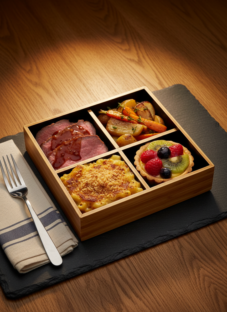 A single, beautifully arranged delivery bento-style tray resting on a dark slate placemat atop a smooth oak table. Each compartment overflows with a different comfort dish: tender sliced roast with a glossy sauce, roasted root vegetables with caramelized edges, a perfectly square serving of macaroni and cheese with a browned crust, and a small dessert tart with a shiny fruit glaze. A folded striped napkin and empty fork sit patiently beside the tray. Soft, focused spotlight-style lighting from above creates dramatic highlights on sauces and subtle shadows in each compartment. Captured in photographic realism at a three-quarter angle, the mood is polished yet playful, like an elevated Sunday TV dinner that has been thoughtfully delivered, ready to be enjoyed with zero prep.