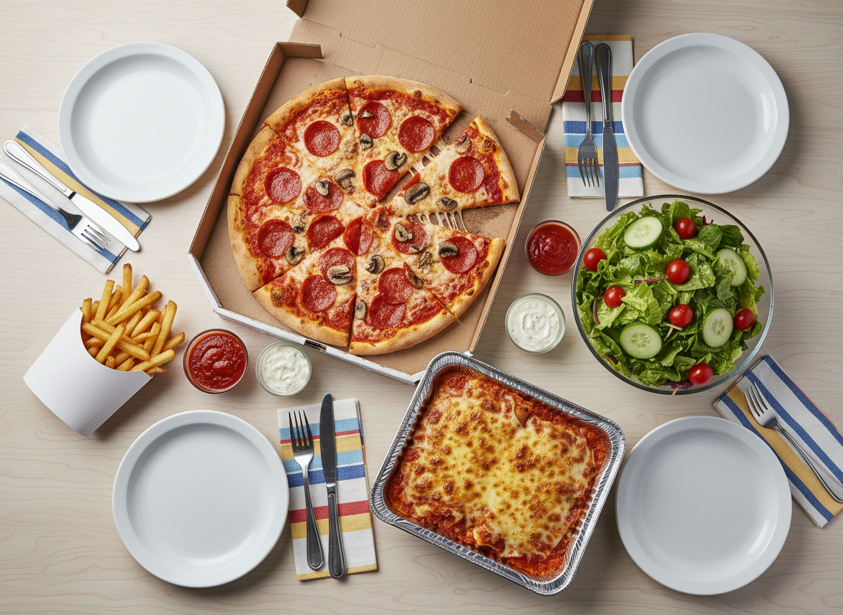 A playful, colorful flat lay of Sunday dinner menu options arranged across a light wooden table: glossy pizza slices in an open box, a bright green salad in a clear bowl with visible water droplets on the leaves, a steaming tray of lasagna with browned cheese, and a container of golden fries. Between the dishes lie empty white plates, fun patterned napkins, and silverware arranged in inviting pairs. Small sauce cups add pops of red and creamy white. Bright, even studio-style lighting creates crisp shadows and vivid highlights on melted cheese and fresh vegetables. Captured in photographic realism from directly above, the composition feels energetic and organized, suggesting the delightful variety of food delivery choices available for a carefree Sunday dinner at home.