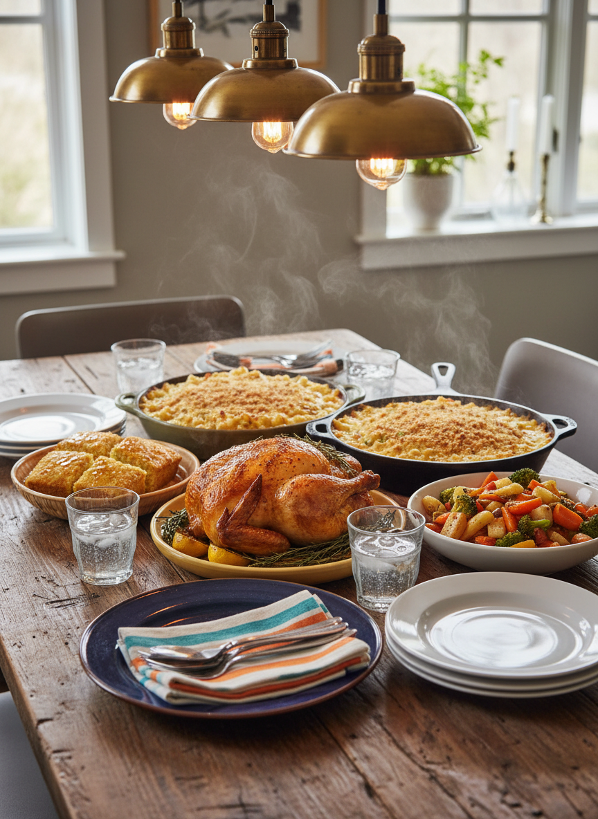 A vibrant spread of comforting Sunday dinner dishes arranged on a rustic wooden dining table, every plate carefully styled and steaming hot. Golden roast chicken, glossy macaroni and cheese, buttery cornbread, and bright roasted vegetables sit on playful, mismatched ceramic plates. A folded stack of colorful napkins and simple white plates are already set, ready for serving. Warm, overhead pendant lighting casts a cozy glow, creating soft highlights on the glossy sauces and glassware. Shot at an eye-level angle in photographic realism with a shallow depth of field, the background gently blurs into a softly lit, neutral-toned dining room. The mood is inviting, playful, and homely, emphasizing the joy of food delivery that feels like a real Sunday family feast without the cooking.