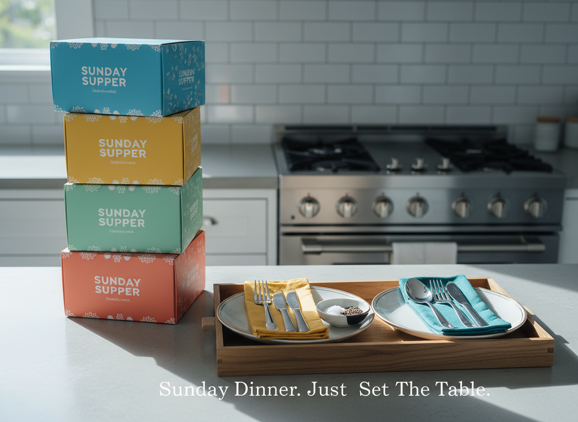 A whimsical, neatly organized kitchen counter scene featuring a row of closed, branded food delivery boxes stacked like playful building blocks beside a fully set tray. The tray holds two plates, polished cutlery, folded napkins in bright colors, and a small ceramic dish of salt and pepper. In the background, a simple stovetop sits cold and untouched, emphasizing that no cooking is needed. Cool, diffused daylight from a large unseen window washes over the countertop, creating soft reflections on the smooth surfaces and gentle shadows beneath the boxes. Shot from a low, slightly angled perspective in photographic realism, the image has a clean, modern aesthetic with a lighthearted mood, highlighting the tagline concept that for Sunday dinner, all you have to do is set the table.