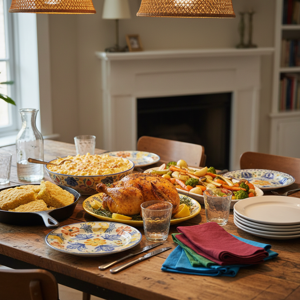 A vibrant spread of comforting Sunday dinner dishes arranged on a rustic wooden dining table, every plate carefully styled and steaming hot. Golden roast chicken, glossy macaroni and cheese, buttery cornbread, and bright roasted vegetables sit on playful, mismatched ceramic plates. A folded stack of colorful napkins and simple white plates are already set, ready for serving. Warm, overhead pendant lighting casts a cozy glow, creating soft highlights on the glossy sauces and glassware. Shot at an eye-level angle in photographic realism with a shallow depth of field, the background gently blurs into a softly lit, neutral-toned dining room. The mood is inviting, playful, and homely, emphasizing the joy of food delivery that feels like a real Sunday family feast without the cooking.