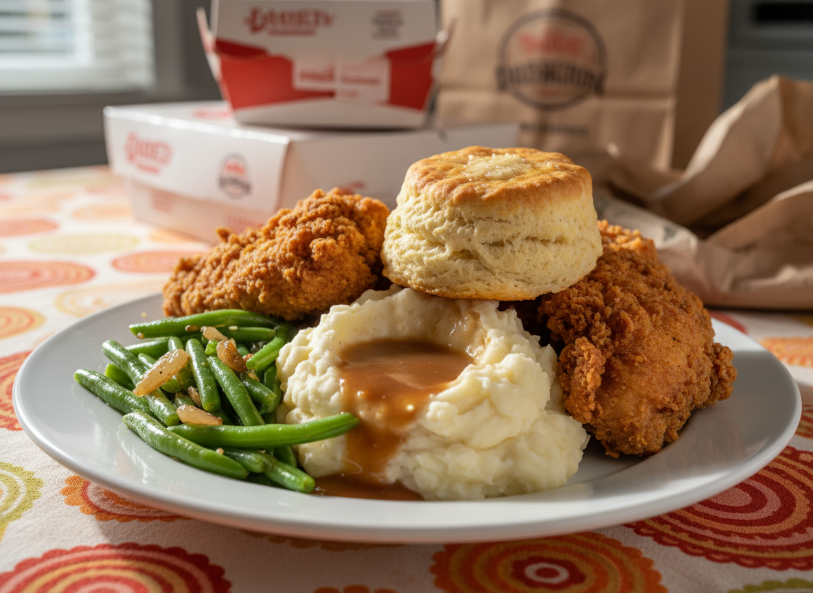 A close-up of a glossy white ceramic plate piled high with colorful comfort food: crispy fried chicken, creamy mashed potatoes with a shiny gravy pool, vibrant green beans with a hint of gloss, and a golden biscuit with a flaky texture. The plate rests on a cheerful, patterned tablecloth in warm reds and oranges. Behind it, several branded delivery containers and boxes are slightly out of focus, suggesting a fresh arrival. Soft, diffused afternoon light comes from the left, creating gentle highlights on the food and subtle shadows across the fabric. Shot with a shallow depth of field in photographic realism, the composition feels playful and indulgent, celebrating the abundance and convenience of a delivered Sunday dinner feast.